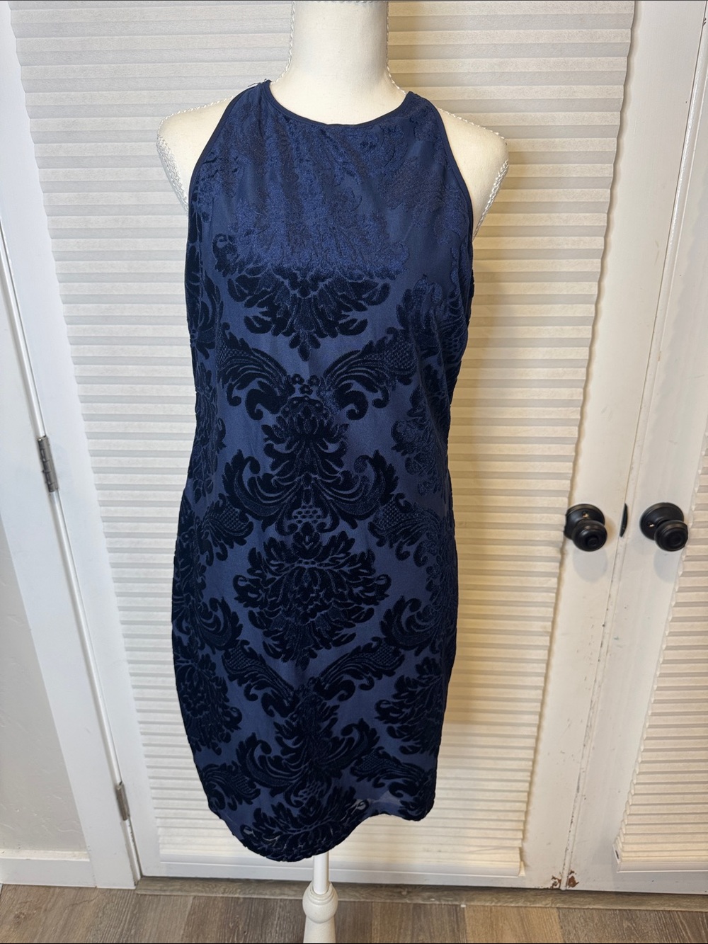 B Darlin Navy Blue Velvet Burnout Halter Dress RG